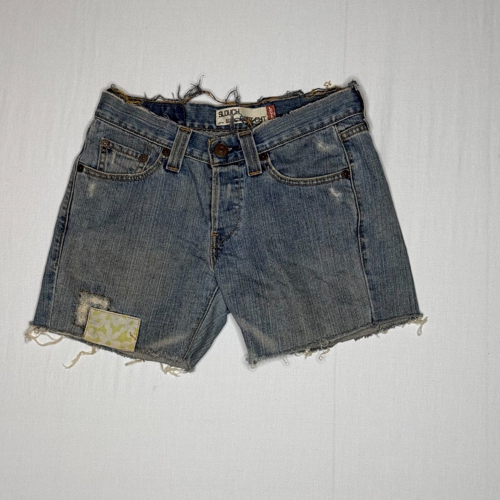 Levis Slouch‎ Straight Denim Shorts Blue Patchwork Cut Off Frayed Womens Size 3M